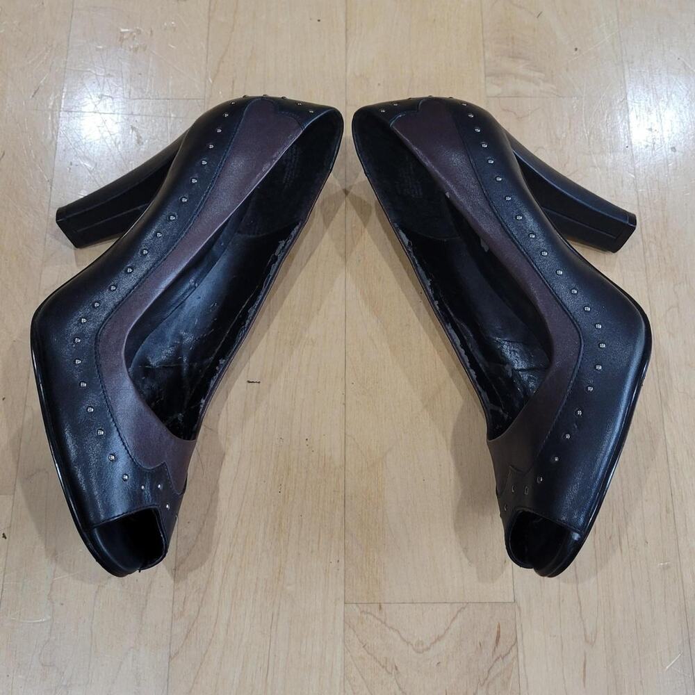 Worthington Brand Black and Brown Studded Leather Peep Toe Pumps Ladies Size 9.5
